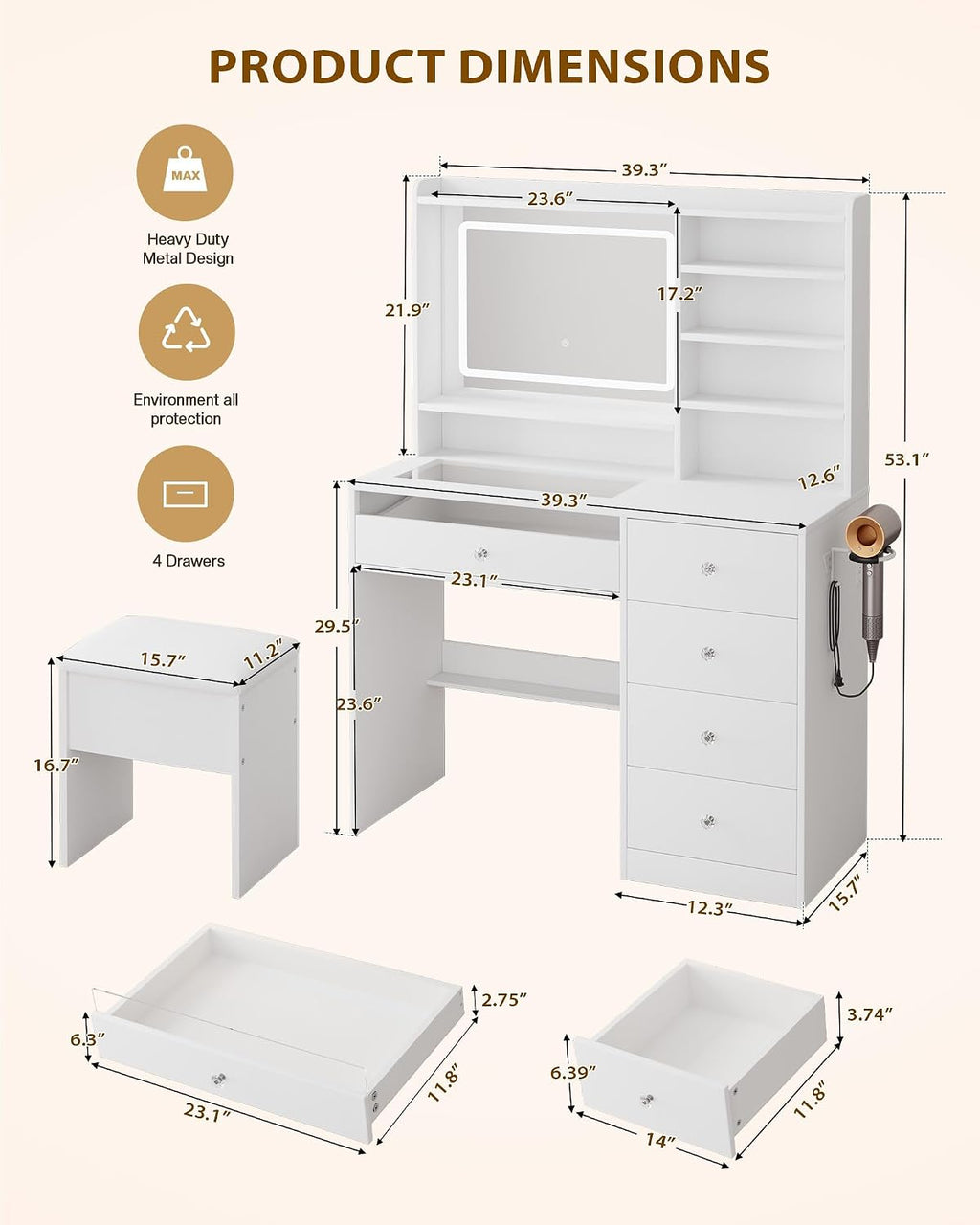 LIVELYGLOW 39.4" White Vanity Desk Set with Glass Desktop & RGB Light Strip | Smart LED Mirror, Charging Station, Cushioned Stool, Hairdryer Rack, 4 Drawers