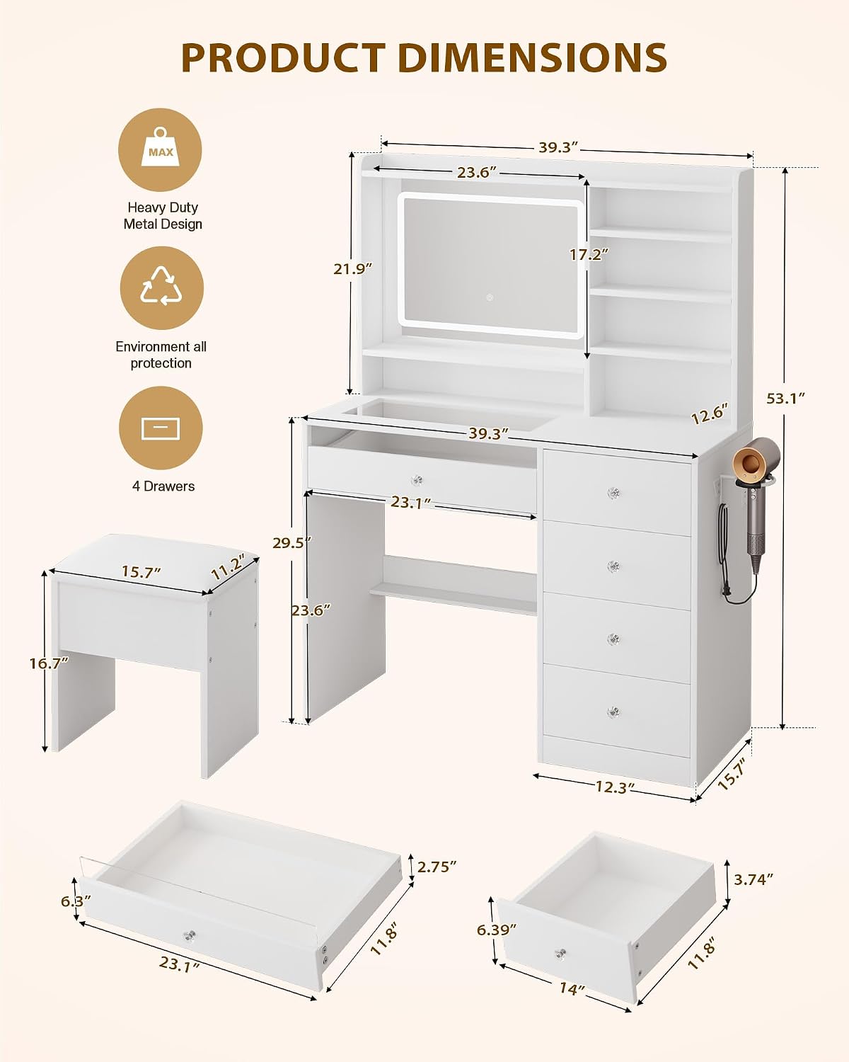 LIVELYGLOW 39.4" White Vanity Desk Set with Glass Desktop & RGB Light Strip | Smart LED Mirror, Charging Station, Cushioned Stool, Hairdryer Rack, 4 Drawers