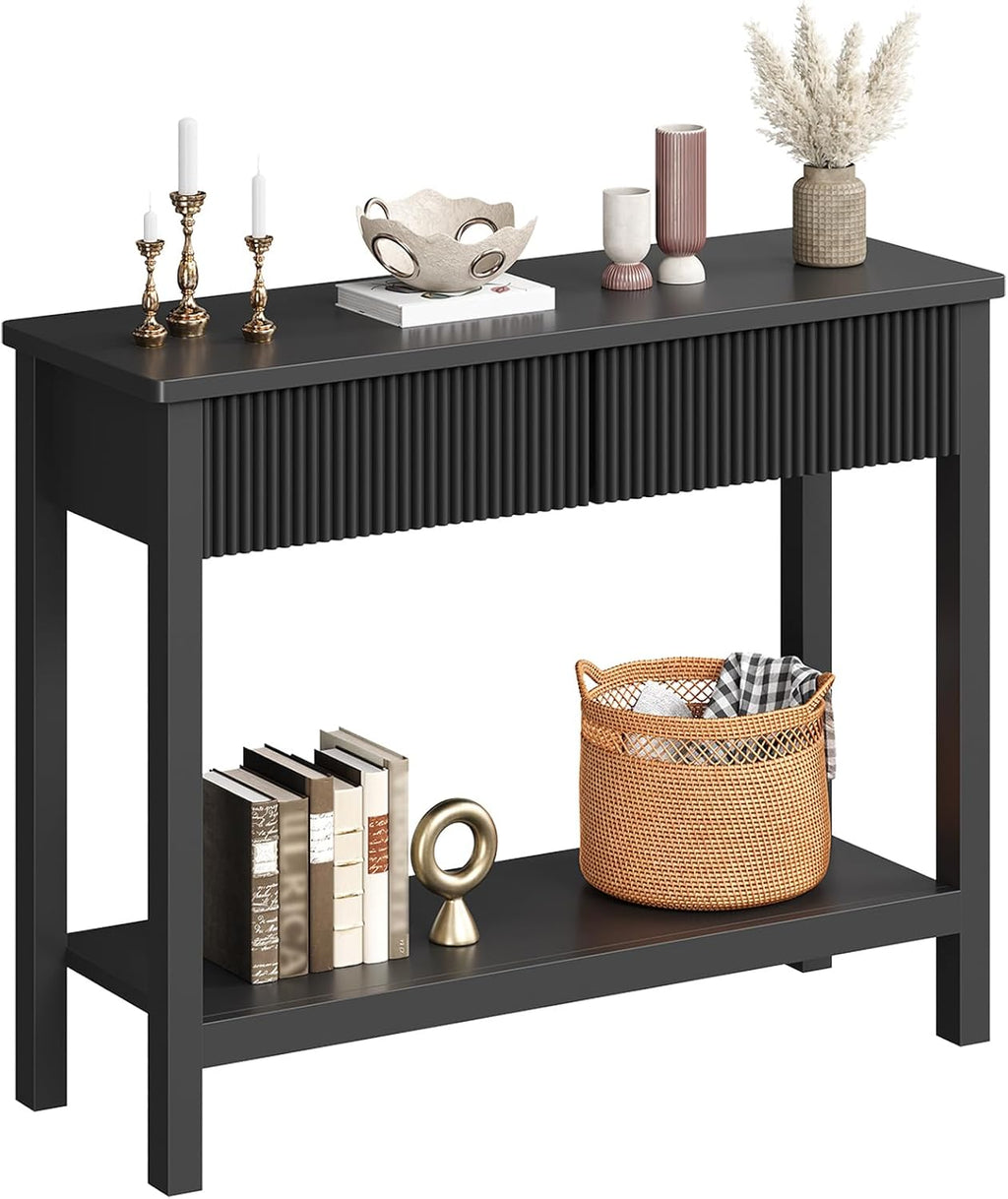 HOOBRO 39.4" Console Table with 2 Wavy Drawers, Narrow Long Entryway Table with Storage Shelf, 2 Tier Modern Sofa Table Wooden Behind Couch Table, Hallway Table for Living Room, Black BK89XG01N1
