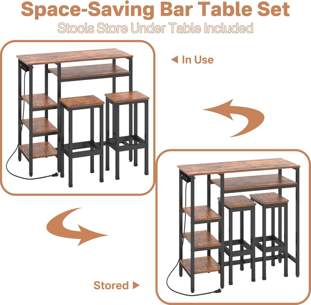 3-Piece Bar Table and Chairs Set,Counter Height Bar Table Set with Power Outlets and Storage Shelves,Dining Table Set with 2 Chairs,Industrial Table Chairs Set for Bar,Kitchen,Apartment