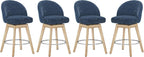 LUE BONA 360° Swivel Bar Stools Set of 4, 26" Wood Legs, Fabric Blue