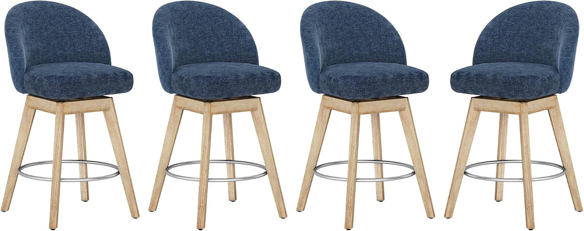 LUE BONA 360° Swivel Bar Stools Set of 4, 26" Wood Legs, Fabric Blue