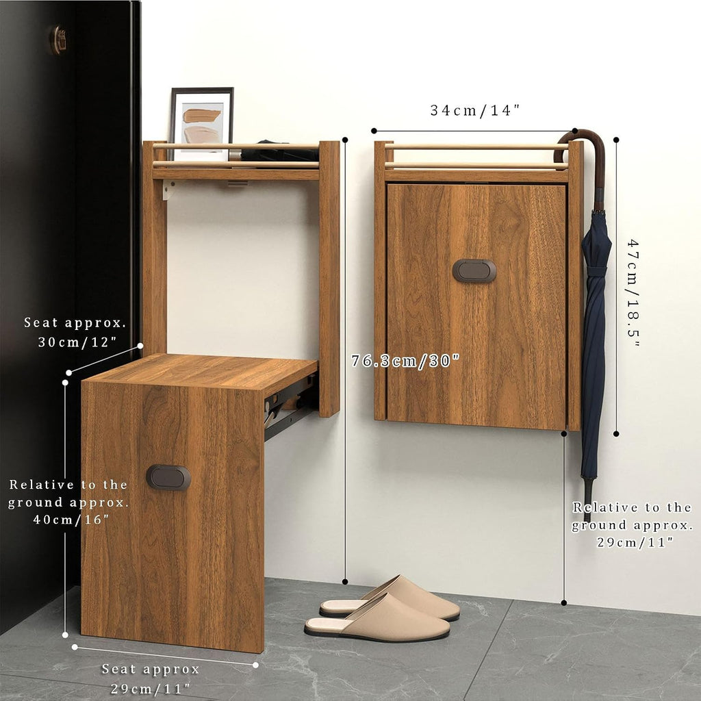 Wall Mounted Folding Shoe Changing Stool, Foldable Bathroom Seating Space Saving Wood Fold Down and Up Chair for Entryway, Bedroom, Hallway, Living Room, Black