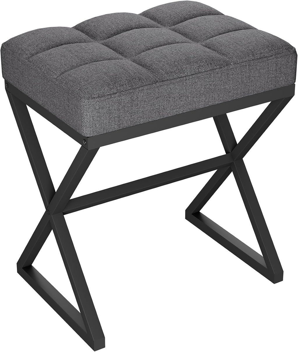 YMYNY Vanity Stool, Linen Footrest, Ottoman Bench with X-Shaped Metal Legs, Makeup Dressing Stool for Vanity, Living Room, Bedroom, Entryway, Hallways 15.74" D×11.81" W×18.11" H Grey UHBD033G