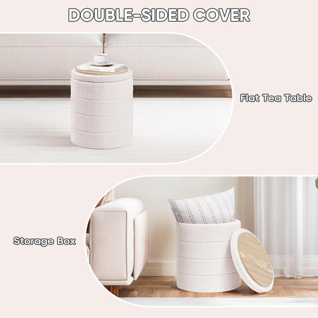 PINPLUS Round Storage Ottoman Foot Rest Stool with Tray Velvet Sherpa Folding Storage Ottoman,Boucle Foot Rest for Living Room, Bedroom, Dorm（Cream White）