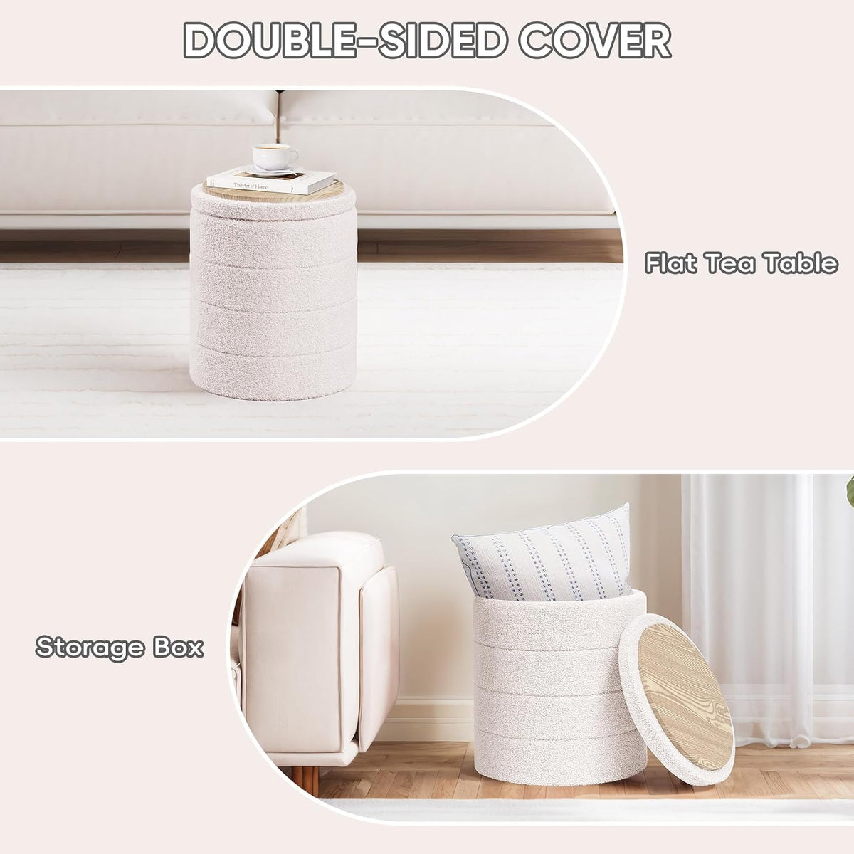 PINPLUS Round Storage Ottoman Foot Rest Stool with Tray Velvet Sherpa Folding Storage Ottoman,Boucle Foot Rest for Living Room, Bedroom, Dorm（Cream White）