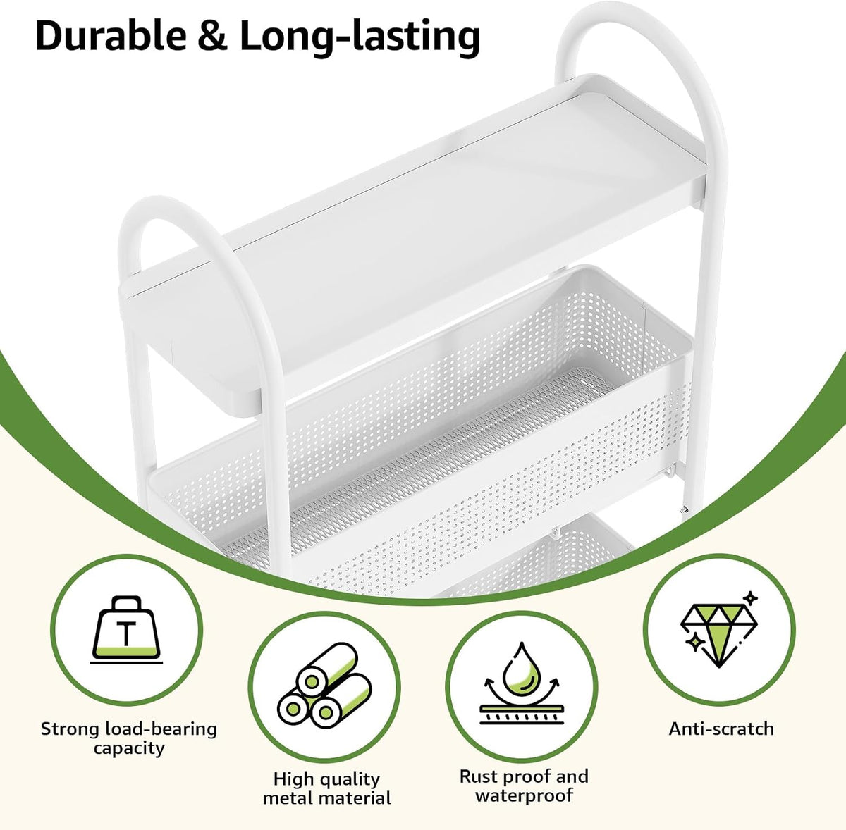 KINGRACK 3 Tier Slim Rolling Cart with Drawer, Metal Utility Storage Cart | 2 Pull-out Baskets, Lockable Wheels, Narrow Space Trolley Organizer for Bathroom, Kitchen, Office, Dorm, Laundry Room, White