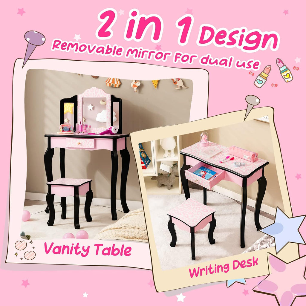 Costzon Kids Vanity Table and Chair Set, Girls Vanity Set with Mirror and Stool, Storage Drawer, Wooden Princess Makeup Dressing Table, Vanity Set for Little Girls