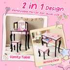 Costzon Kids Vanity Table and Chair Set, Girls Vanity Set with Mirror and Stool, Storage Drawer, Wooden Princess Makeup Dressing Table, Vanity Set for Little Girls