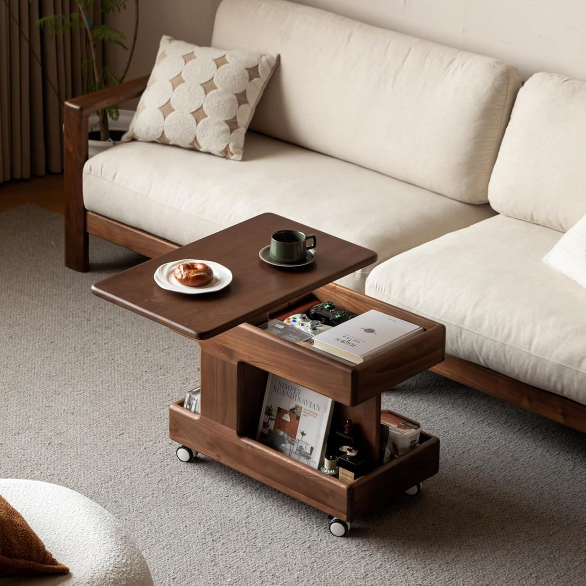 100% Solid Wood Lift Top End Table with Swivel Top, Sofa Couch Table with Wheels, Small Bedside Table for Living Room, Recliner and Small Places(Walnut, Fully Assembled Furniture)