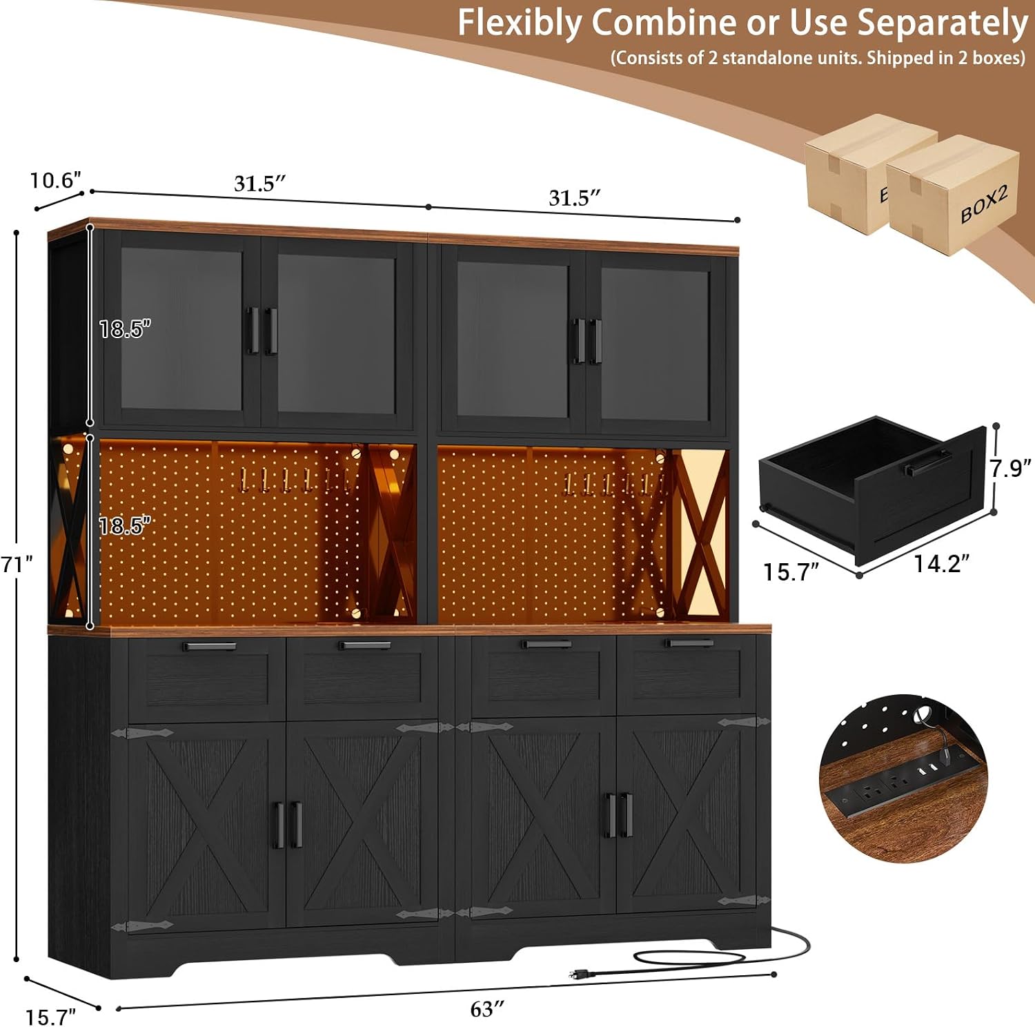 Unikito 71" Kitchen Pantry Cabinet with LED Light & Outlet, Microwave Stand | Black & Rustic, 63" Wide, DIY Pegboard Panel, Storage Drawers, Adjustable Shelves, Kitchen Buffet Hutch for Dining Room