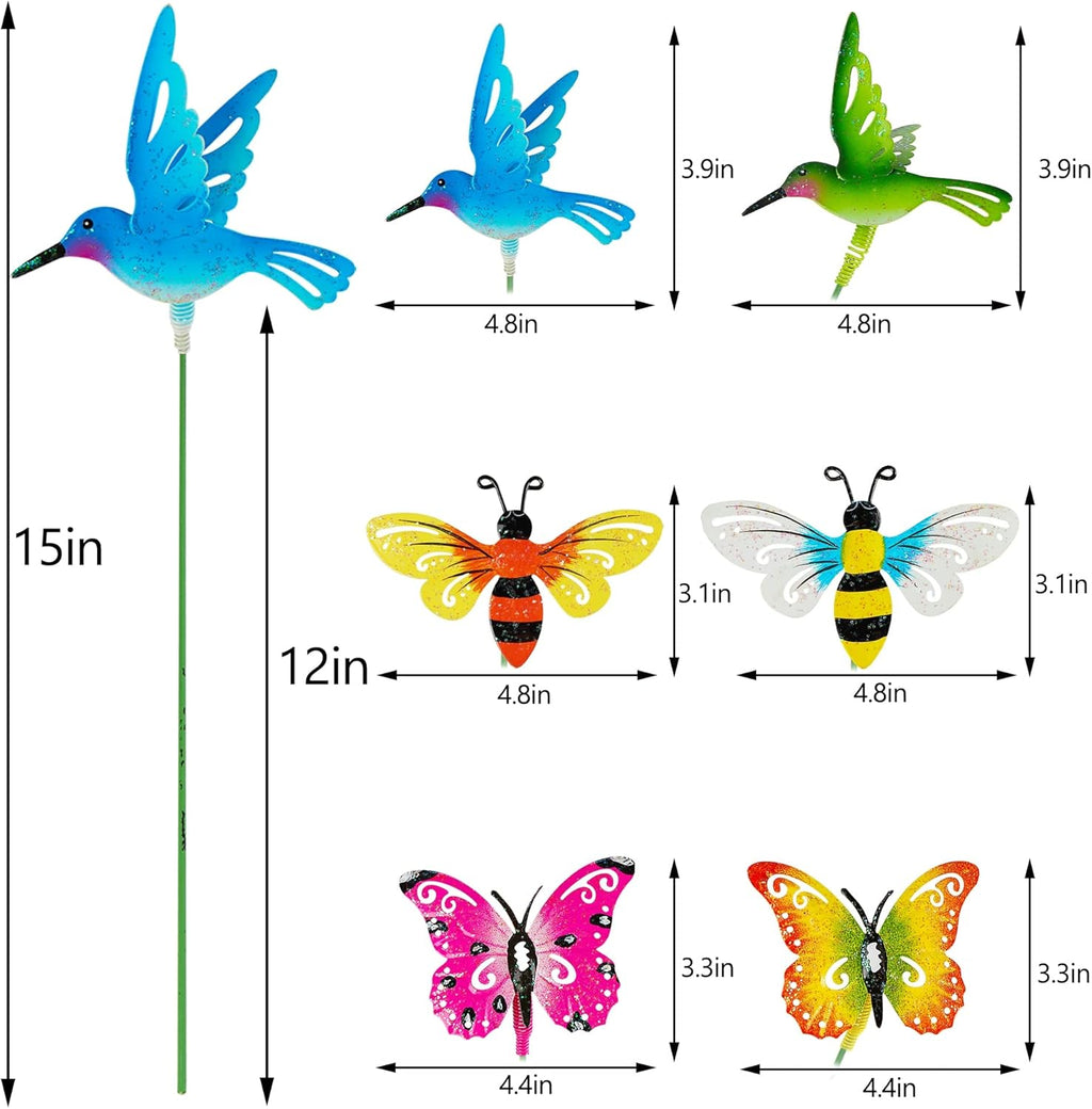 Juegoal 6 Pack Metal Yard Stakes Spring Decor, Outdoor Metal Colorful Butterfly Hummingbird & Bee Shaking Head Yard Art, Rust Proof Metal Plant Sticks for Yard Lawn Pathway Patio Ornaments