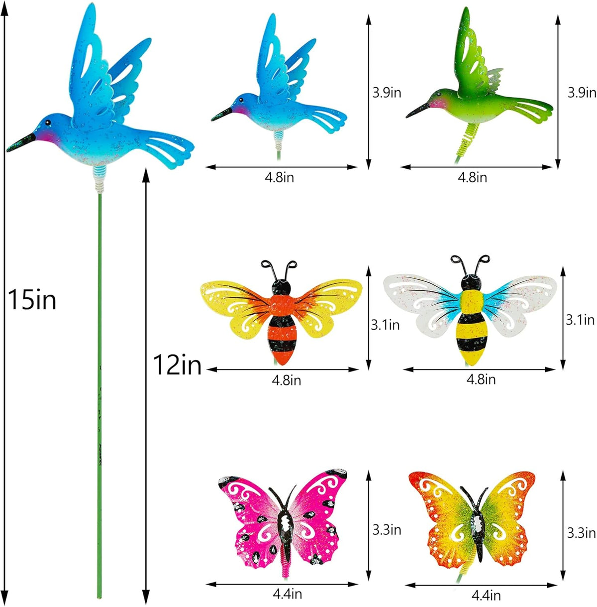 Juegoal 6 Pack Metal Yard Stakes Spring Decor, Outdoor Metal Colorful Butterfly Hummingbird & Bee Shaking Head Yard Art, Rust Proof Metal Plant Sticks for Yard Lawn Pathway Patio Ornaments