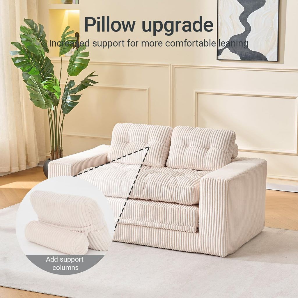 Fefances 55.1” Sofa Bed, 2-in-1 Convertible Loveseat & Folding Futon Couch, Small Space-Saving Design with Corduroy Fabric, for Living Room, Bedroom, Studio Apartment - Beige