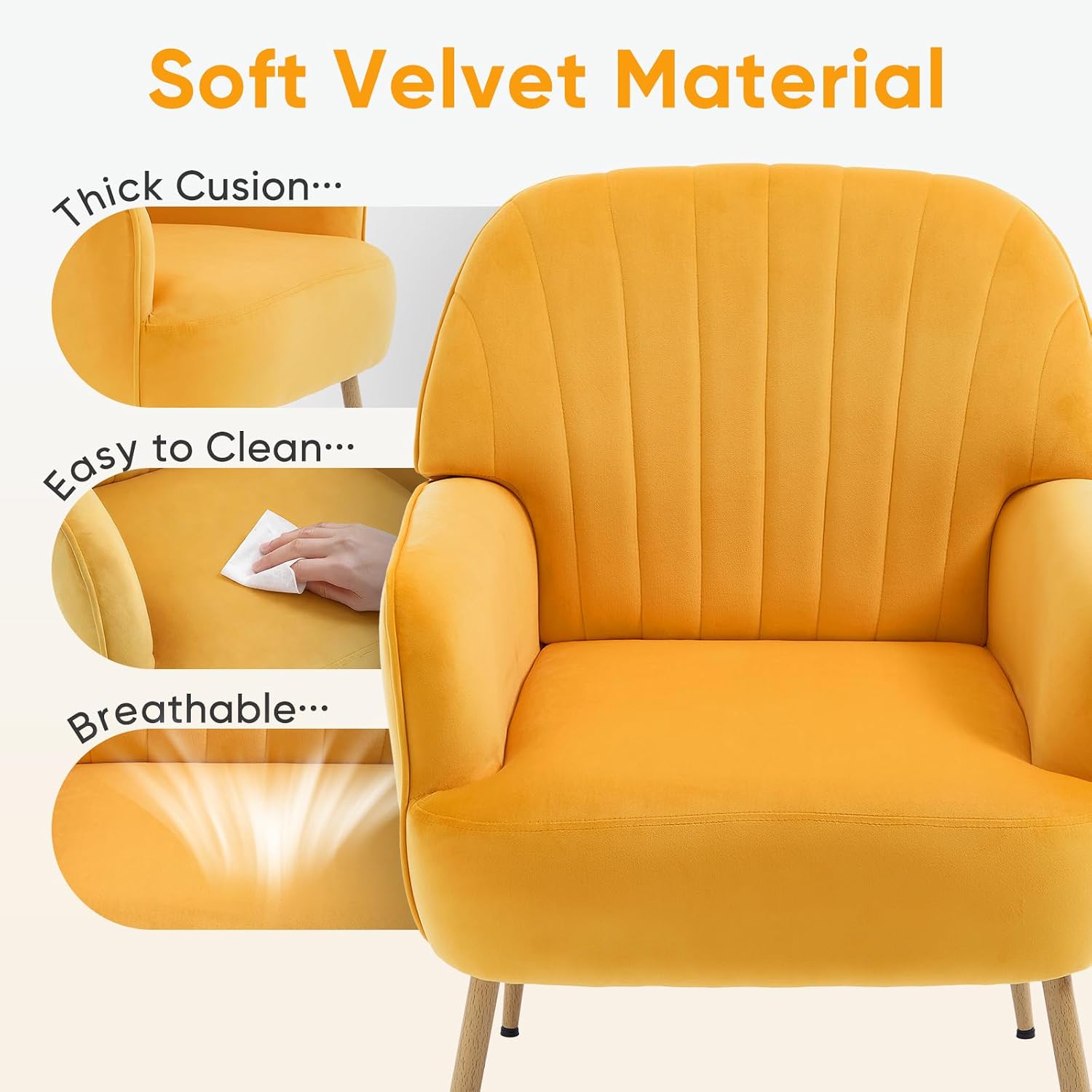 Velvet Accent Chair, Mid Century Modern Accent Chairs for Living Room, Comfy Upholstered Armchair with Metal Legs for Bedroom/Apartment/Office/Waiting Room, Golden Yellow