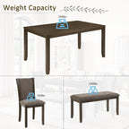 JIJIWANG 6-Piece Dining Table Set with Bench and Chairs, Wooden Dining Table for 6 People, Farmhouse Rustic Style 6 Person Dining Table Set for Dining Room Kitchen Dark Walnut
