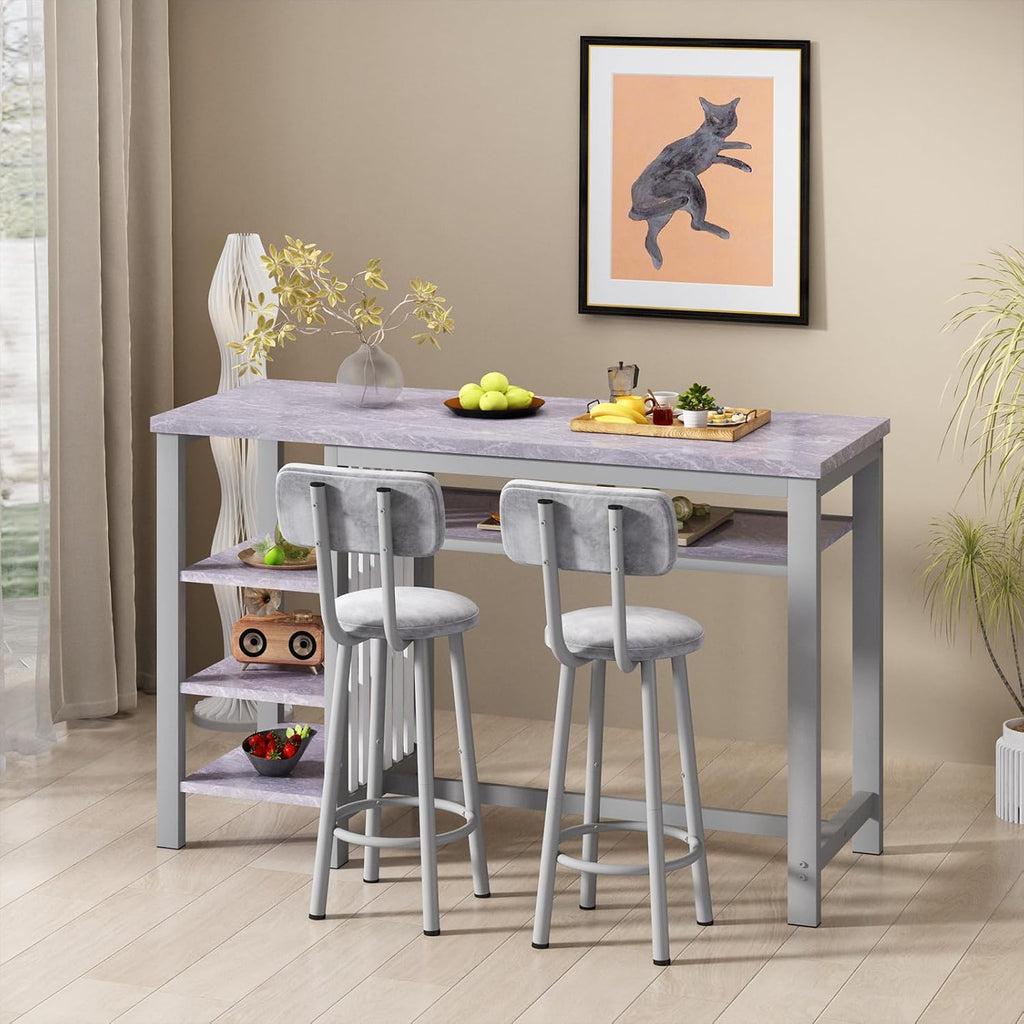 Lamerge Furniture Kitchen Bar Height Table and Chairs for 2, 5-Tier Compact Dining Room Table, Gray Top and 2 PU Leather Upholstered Seat Black Frame, Modern Dining Set for Home & Office