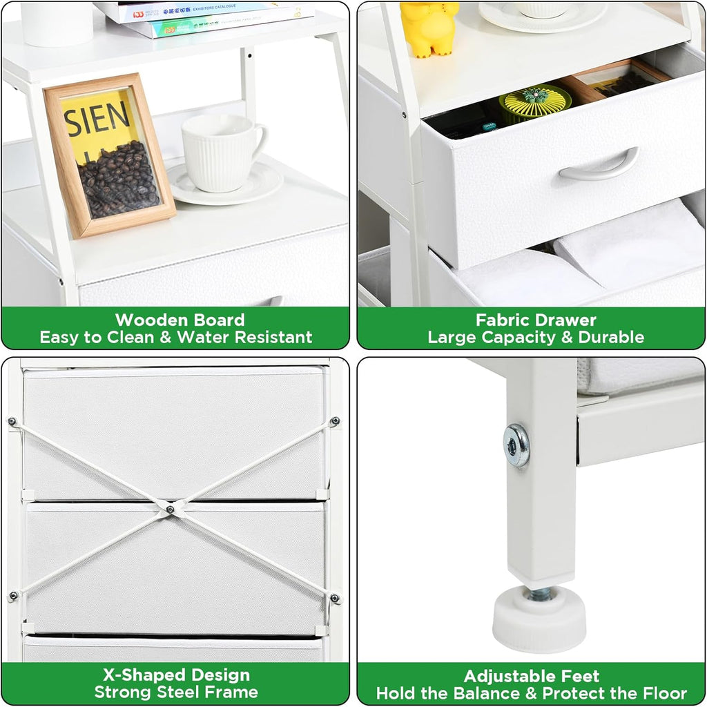 5 Drawers White Tall Fabric Dresser for Bedroom, Dorm Nightstand | Vertical Storage Tower Closet Organizer, Skinny Narrow Bedside Table for Entryway, Steel Frame, Wooden Top