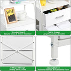 5 Drawers White Tall Fabric Dresser for Bedroom, Dorm Nightstand | Vertical Storage Tower Closet Organizer, Skinny Narrow Bedside Table for Entryway, Steel Frame, Wooden Top