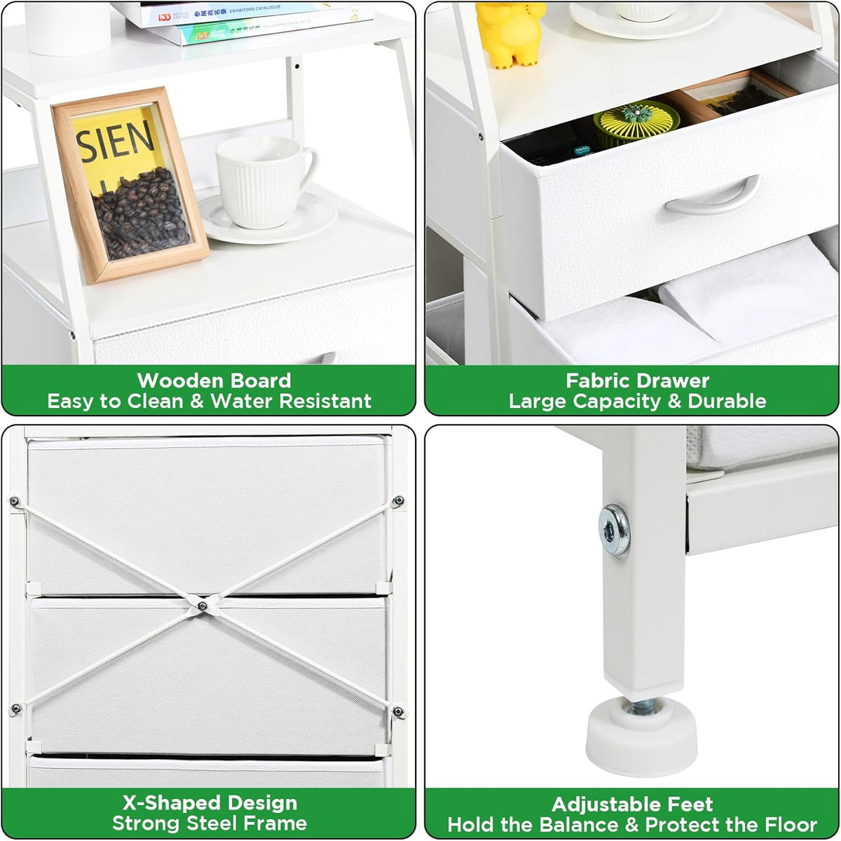 5 Drawers White Tall Fabric Dresser for Bedroom, Dorm Nightstand | Vertical Storage Tower Closet Organizer, Skinny Narrow Bedside Table for Entryway, Steel Frame, Wooden Top
