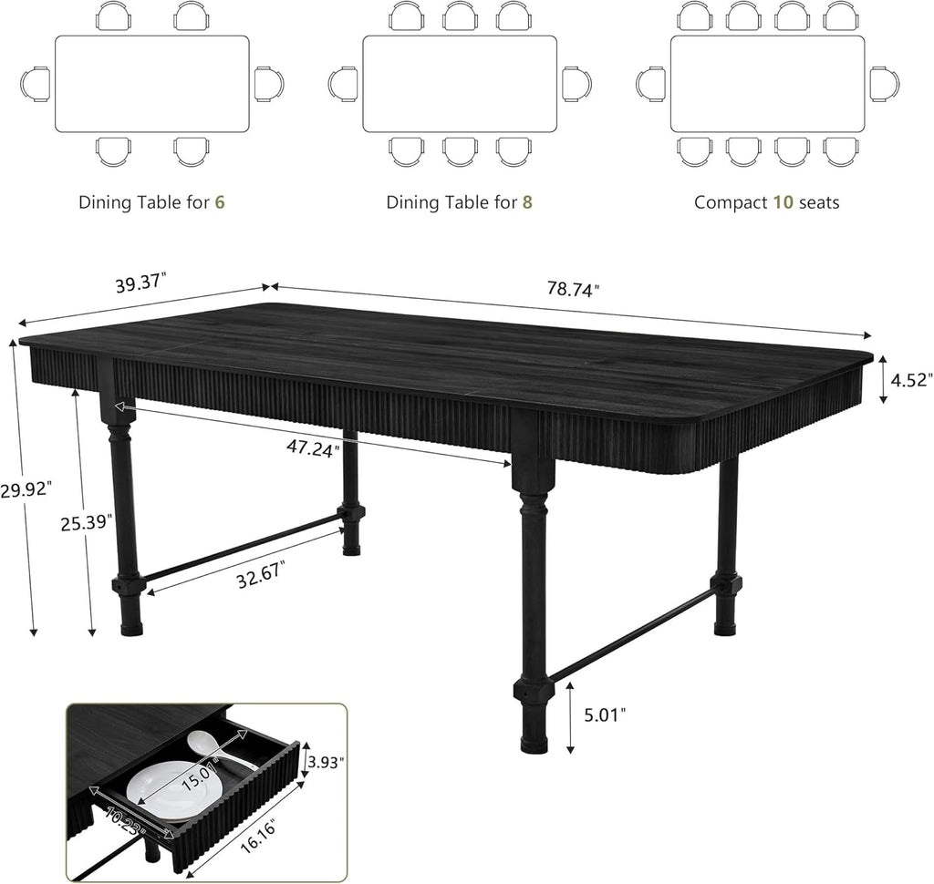 78 Inch Fluted Kitchen Dining Table for 6 8 10, Large Rectangular Kitchen Table with Drawers, Mid Century Modern Long Dinner Table Dining Room Tables with Solid Wood Legs for Home Living Room, Black