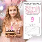9th Birthday Party Decorations Set for Girls- Pink Crown, Glitter Sash, Number 9 Candle & Cake Topper Kit for Birthday Celebrations Party Supplies Gift