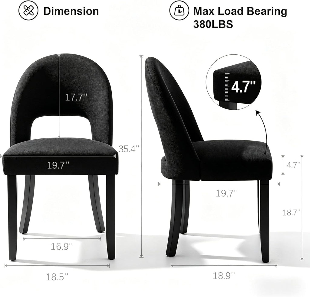 Wooden Dining Chairs Set of 4, Upholstered Kitchen Chairs with Linen Fabric Back & Solid Wood Legs, Modern Farmhouse Dining Room Chairs, Black
