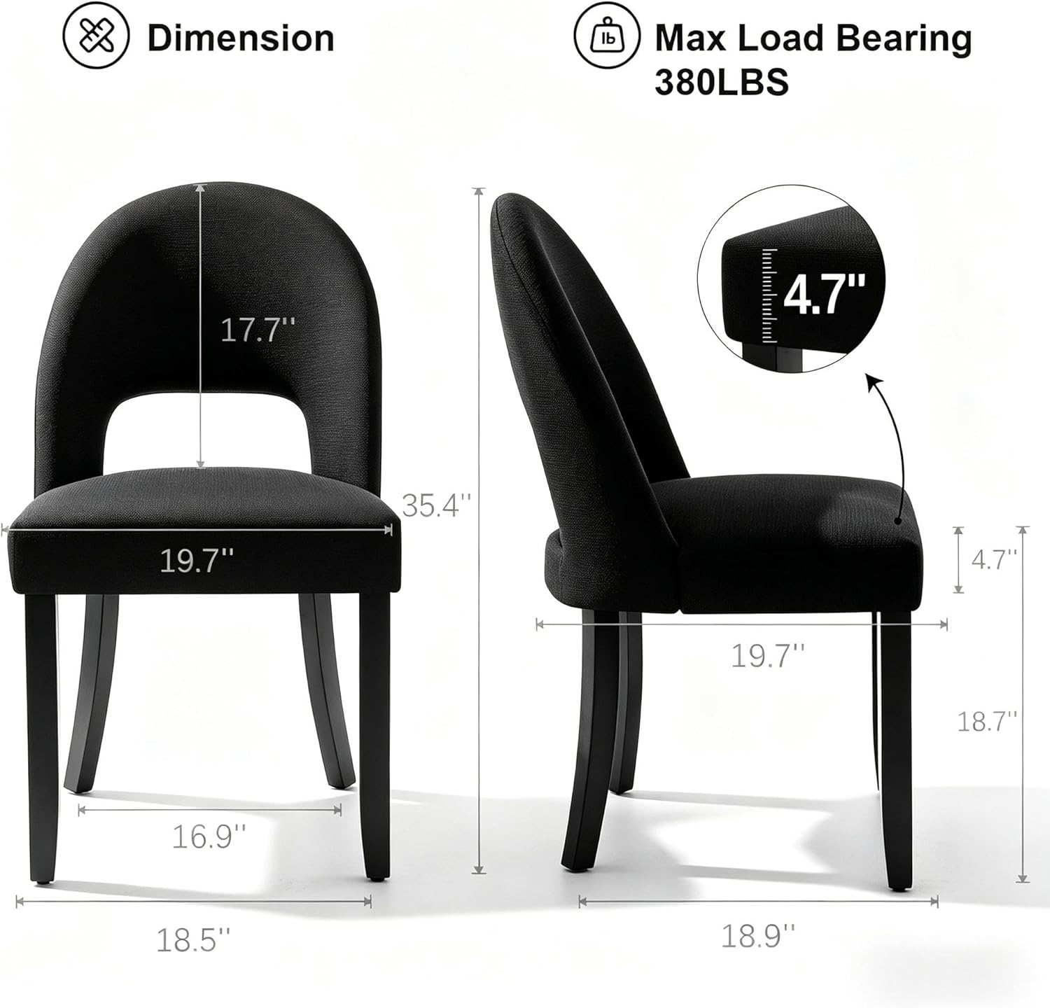 Wooden Dining Chairs Set of 4, Upholstered Kitchen Chairs with Linen Fabric Back & Solid Wood Legs, Modern Farmhouse Dining Room Chairs, Black