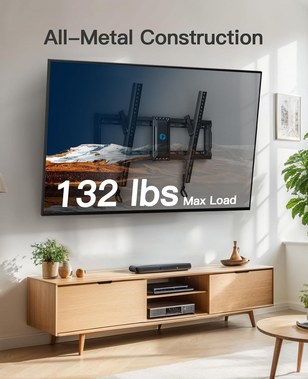 Pipishell Tilt TV Wall Mount for 37–82 inch TVs up to 132 lbs | tilting tv mount, fits 12″-24″ wood studs, 1.5″ low profile, 8° tilt, quick lock & release pull cord, max VESA 600x400mm