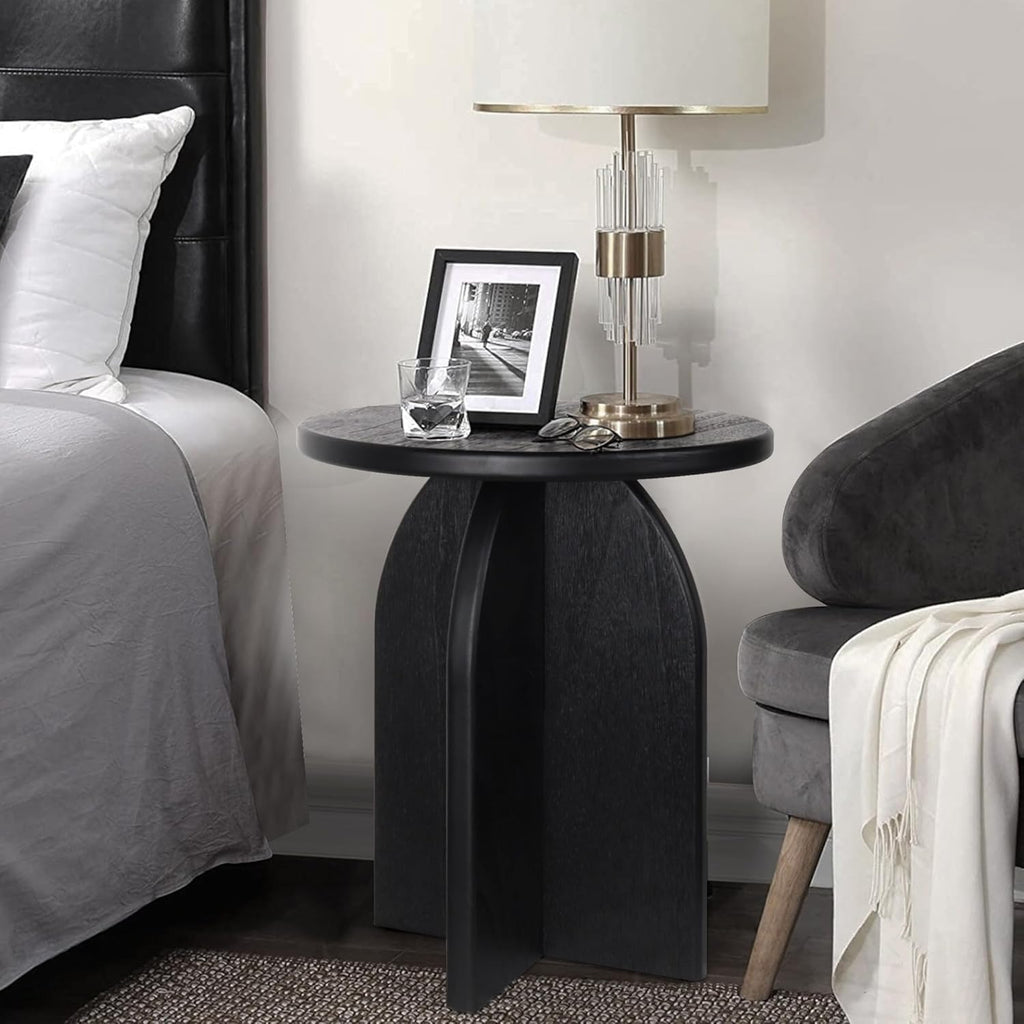 Oakrain End Table with Pedestal, Wood Side Table Bedside Sofa Couch, Modern Nightstand for Bedroom, Small Round Coffee Table for Living Room Office Balcony, Black