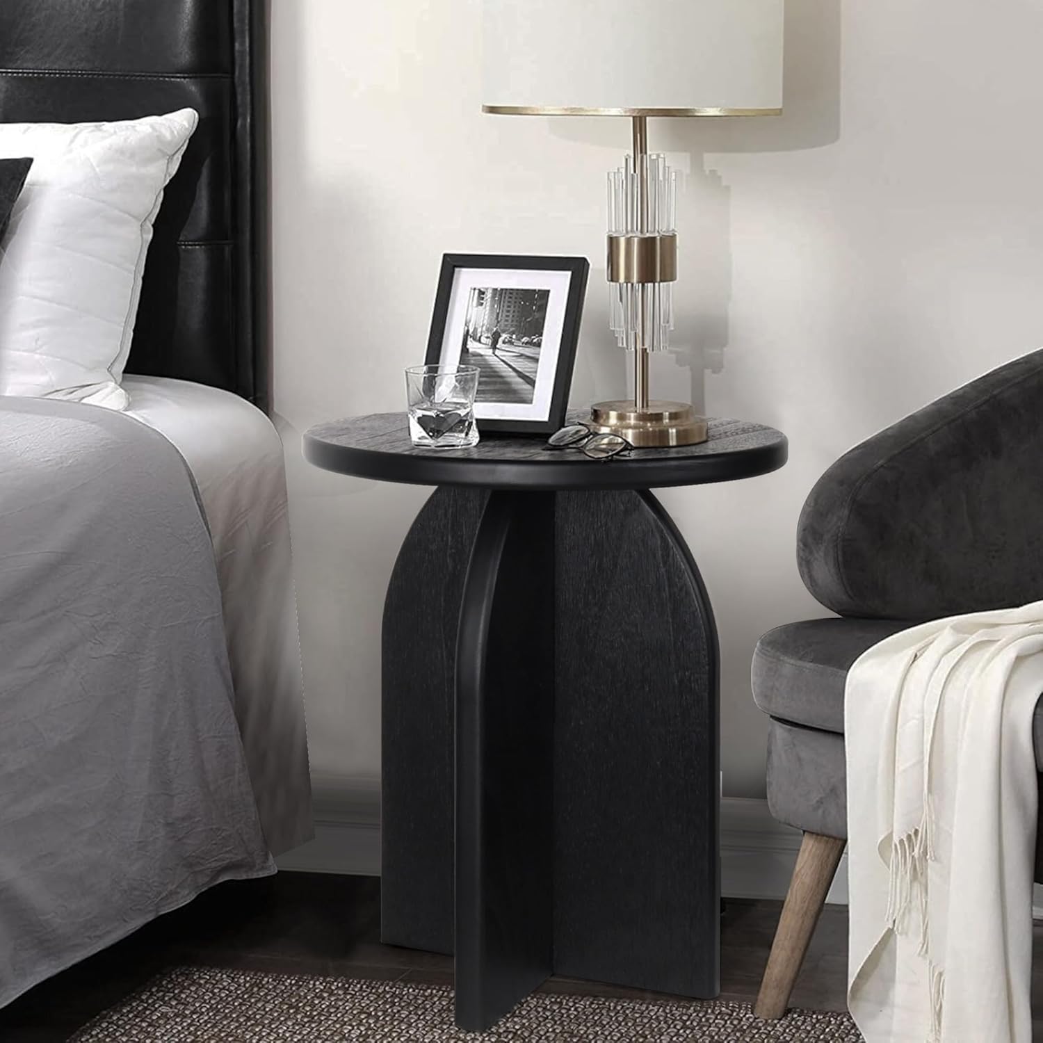 Oakrain End Table with Pedestal, Wood Side Table Bedside Sofa Couch, Modern Nightstand for Bedroom, Small Round Coffee Table for Living Room Office Balcony, Black