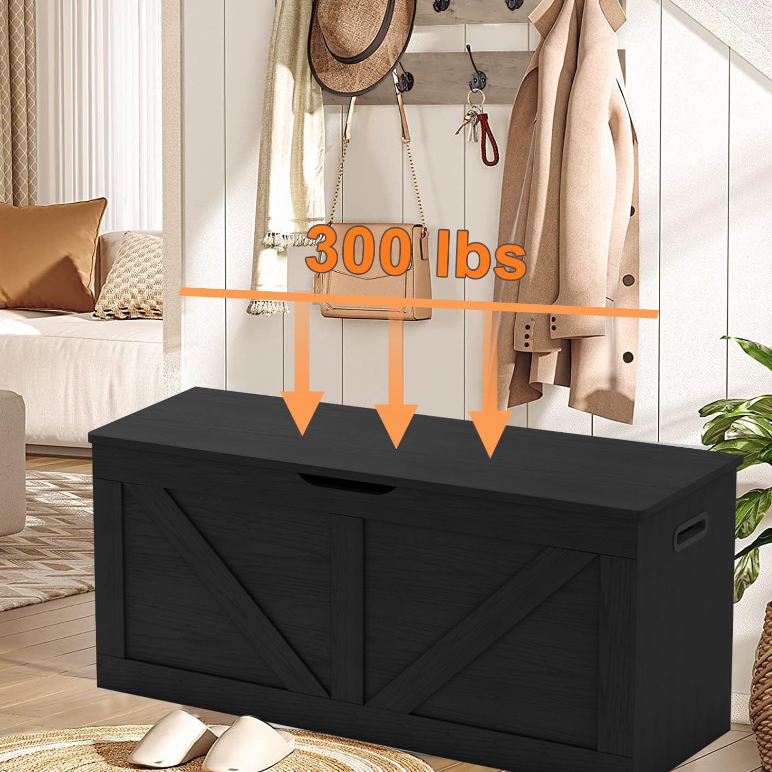 Timberer 39.4" Storage Chest, Wooden Storage Bench, Large Storage Trunk | Entryway Shoes Bench with 2 Safety Hinges, for Living Room, Bedroom, Black