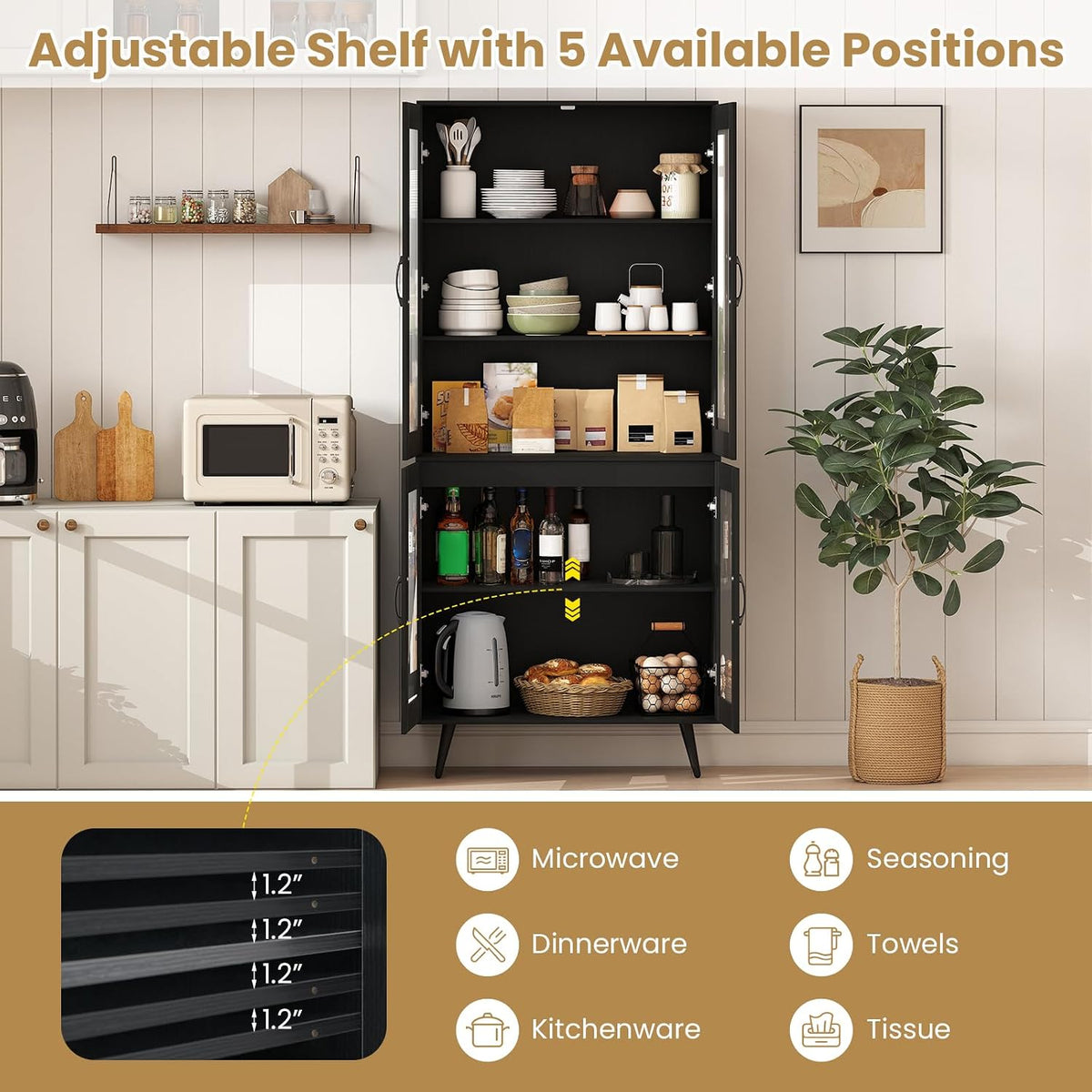 LOKO Kitchen Pantry Cabinet, Freestanding Storage Cupboard with Translucent Fluted Doors & Adjustable Shelf, Modern Tall Accent Cabinet Bookcase for Living Room, Dining Room, Home Office (Black)