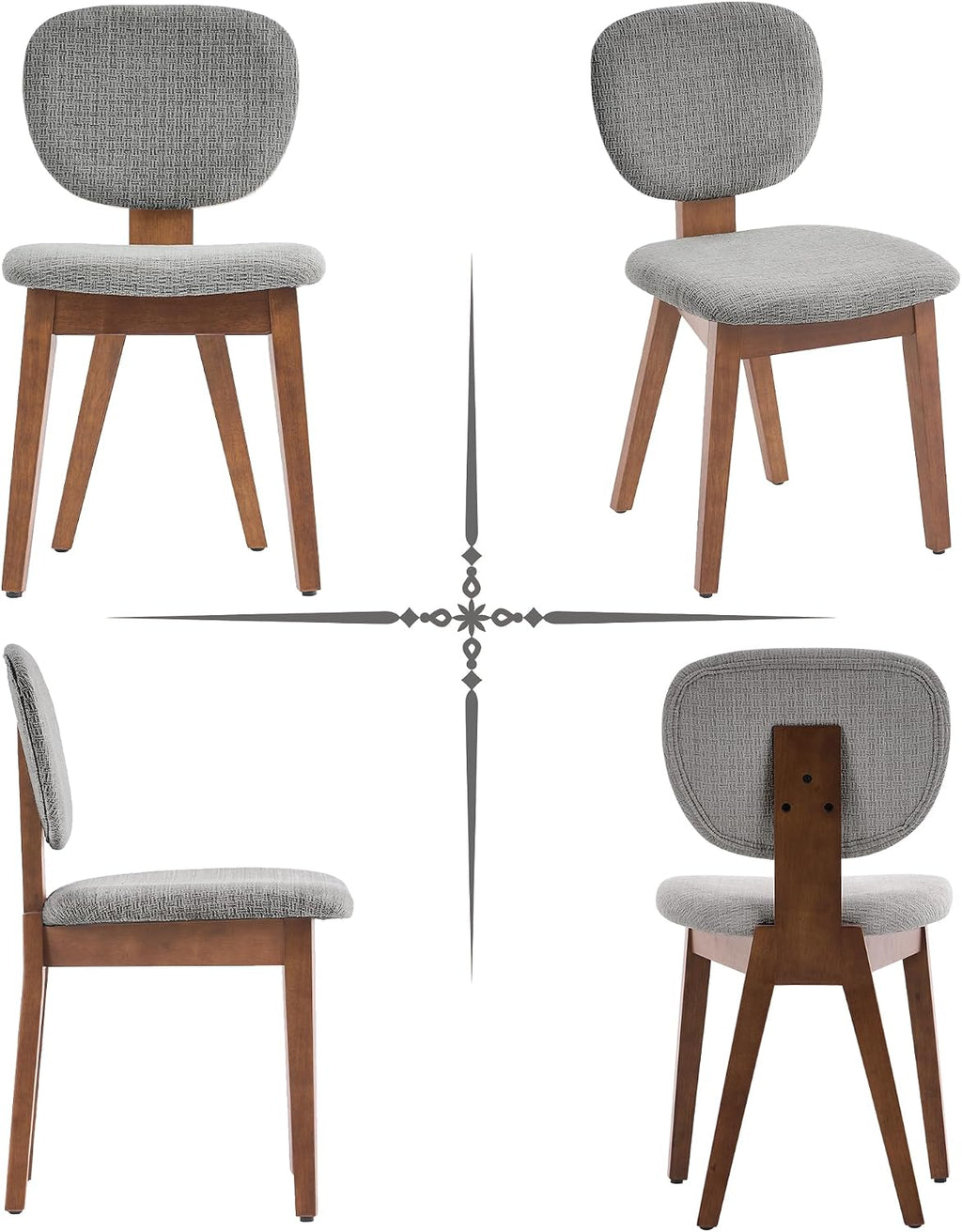 VKNOW Wooden Dining Chairs Set of 4, Mid Century Modern Upholstered Kitchen Side Chairs, Chenille Dining Room Chair with Curved Seat Backrest for Home Dining Room, Grey