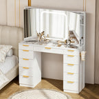 Pamapic Glass Top Vanity Desk with Foldable Mirror, 11 Drawers Makeup Vanity with LED Lighted Mirror, Power Outlet, 3 Lighting Modes Dressing Table with Golden Handles, White