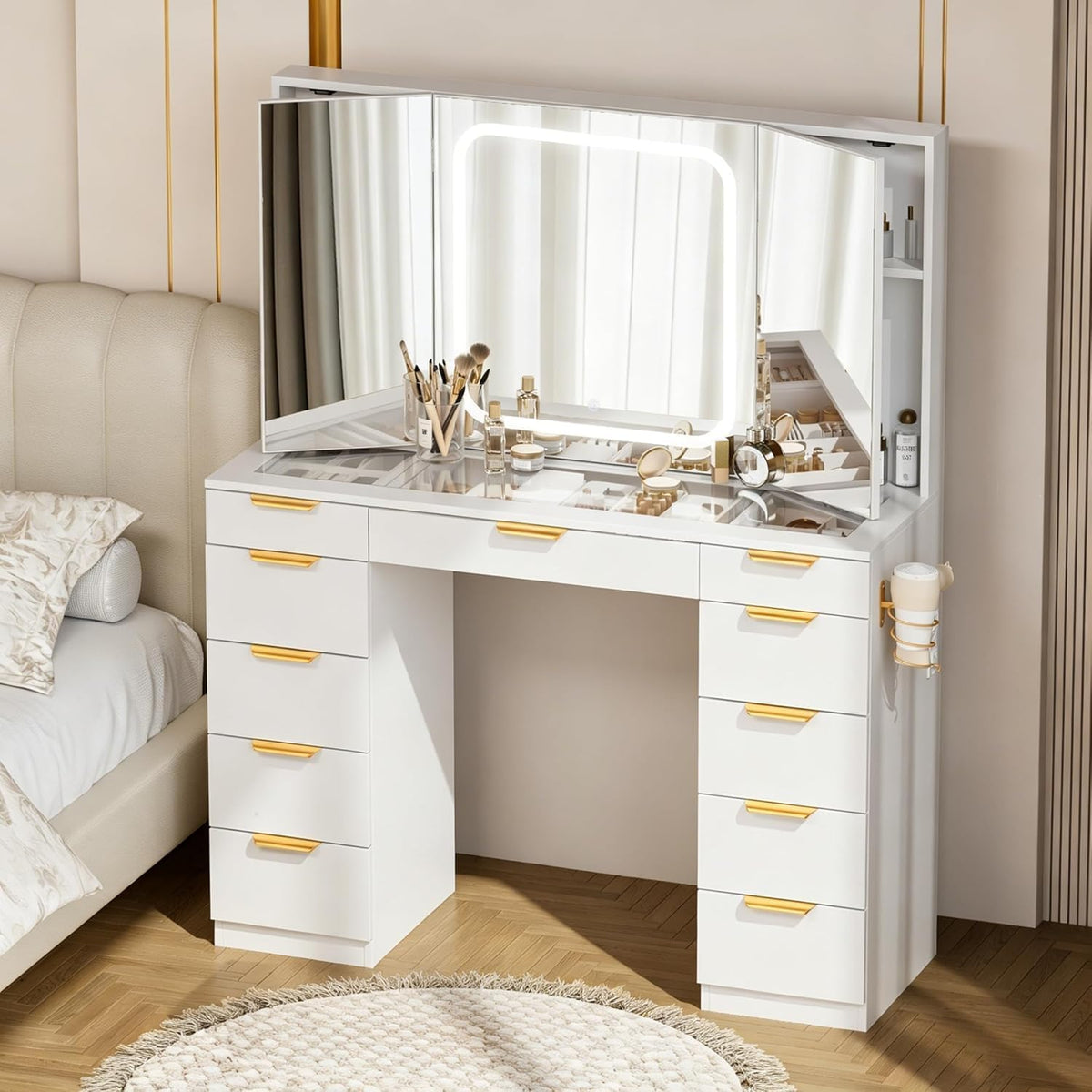 Pamapic Glass Top Vanity Desk with Foldable Mirror, 11 Drawers Makeup Vanity with LED Lighted Mirror, Power Outlet, 3 Lighting Modes Dressing Table with Golden Handles, White