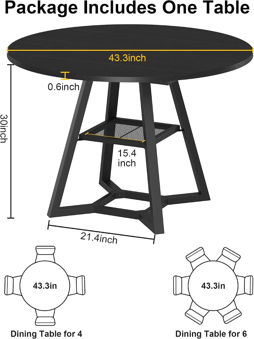 knoworld Round Dining Table for 4, Kitchen Tables Dining Room Circle Dinner Table with Pedestal Metal Frame, Space Saving Wood Industrial Kitchen & Dining Room Tables, Black 43In