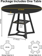 knoworld Round Dining Table for 4, Kitchen Tables Dining Room Circle Dinner Table with Pedestal Metal Frame, Space Saving Wood Industrial Kitchen & Dining Room Tables, Black 43In