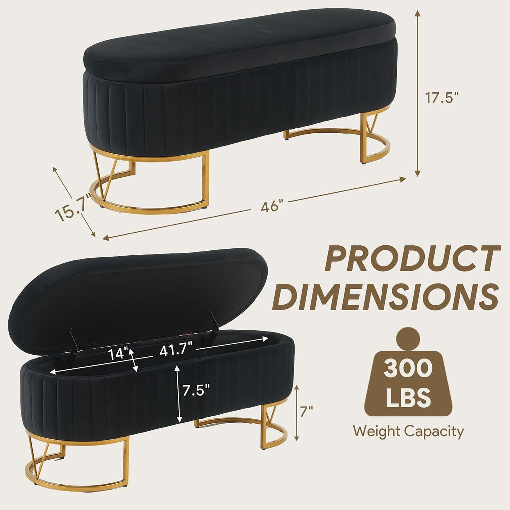 Storage Bench Bedroom Bench, Velvet Oval Upholstered End of Bed Bench with Golden Metal Legs, 46” Modern Storage Ottoman Bench for Bedroom, Living Room, Entryway, Window, Black
