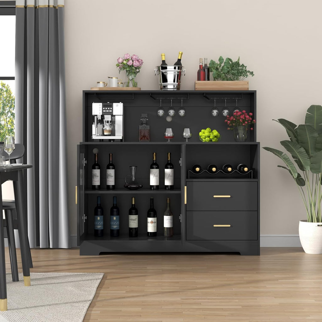 Bar Cabinet for Home with LED Light,Coffee Bar Cabinet w/ Wine & Glass Rack | Wine Cabinets with Drawers & Microwave Stand, Modern Liquor Cabinets for Kitchen, Living Room, Dining Room (Black)