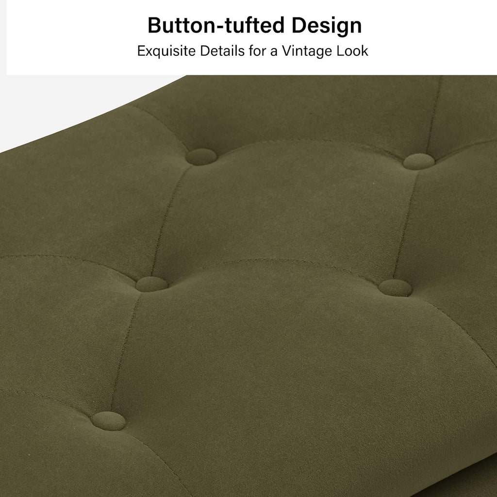 HULALA HOME Modern Velvet Storage Ottoman Bench with Gold Base & Nailhead Trim, Upholstered Bedroom Bench for End of Bed, Button-Tufted Footstool for Entryway Living Room Dining Room, Moss