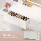 Big Vanity Desk, Fluted Makeup Vanity with Mirror Lights, Dressing Table | Large, Charging Station, Sound Sync Chasing LED Lights, Wood Vanities, Luxury Glass Cabinets, 8 Drawers, Girls, Women