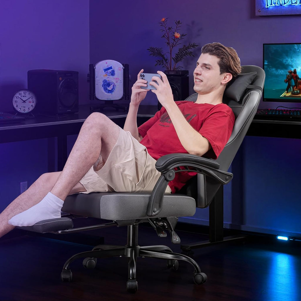 GTPLAYER Gaming Chair with Footrest, Ergonomic Office Chair 300lbs Capacity, Computer Desk Chair with Headrest and Lumbar Support, Linkage Armrests, 90-155° Recline, PU Leather Grey