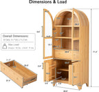 SOFTSEA Arched Kitchen Pantry Cabinet, with Hidden Drawer & Glass Door, 71" Tall Farmhouse Storage Cabinet with Open & Adjustable Shelves, Kitchen Hutch with Door Shelves for Living Room, Natural