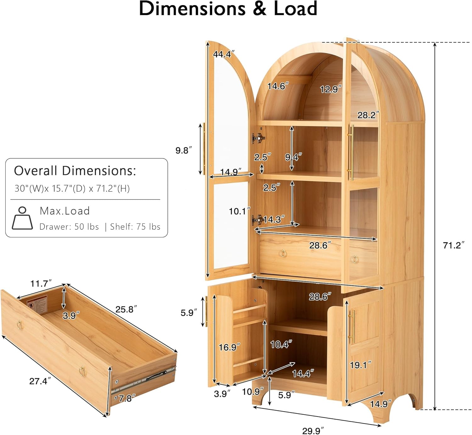 71" Tall Arched Kitchen Pantry Cabinet with Door Shelves, Farmhouse Storage Cabinet with Open & Adjustable Shelves, Hidden Drawer & Glass Door, Cupboard for Kitchen, Dining Room (Natural)