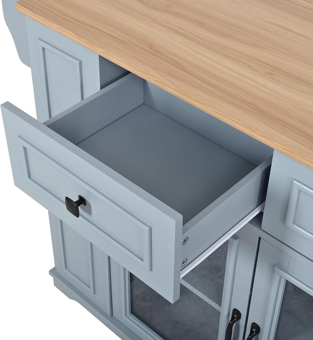 Rolling Kitchen Island Cart with Wood Countertop, Mobile Kitchen Storage Cart with Drawers, Glass Door Cabinet & Side Spice Rack for Small Kitchen