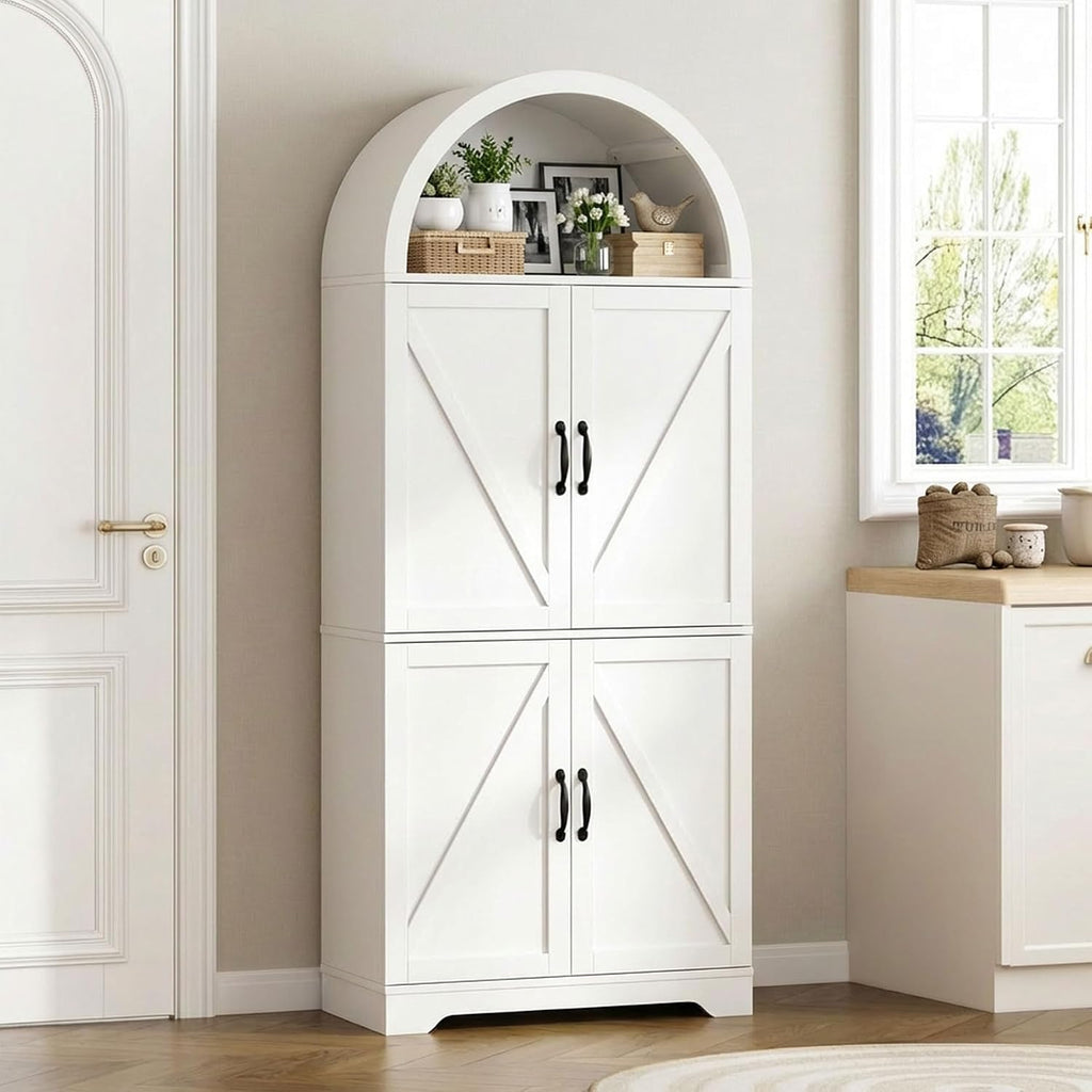 70" Tall Arched Pantry Cabinet, Kitchen Cupboard with Barn Doors, Adjustable Shelves & 3-Color Human Sensor LED Lights for Kitchen/Living Room, White