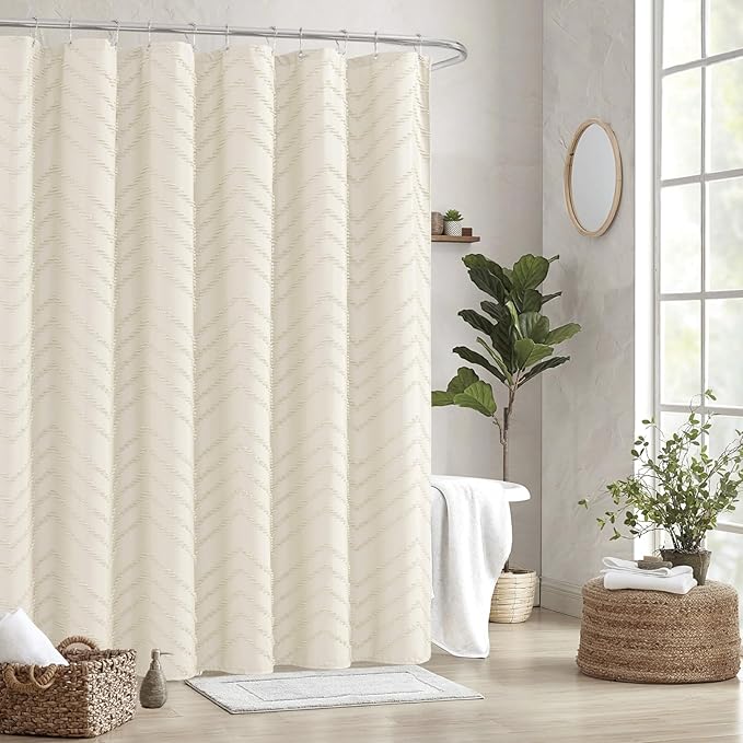 Extra Long Cream Shower Curtain Boho Farmhouse Shower Curtain 72 x 78 Tufted Chevron Textured Striped Minimalist Shower Curtains
