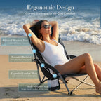 DUMOS Folding Camping Beach Chair, Lightweight Low Portable Beach Chair with Cup Holder, Storage Pocket, Breeze Mesh Back, Padded Armrests, Low Profile Chair for Camp, Picnic, Lawn, Sand, Black