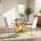 38.9" Round Glass Dining Table for 2-4, Modern Dining Room Table with Tempered Glass Tabletop & Stainless Steel Base, Round Glass Kitchen Table for Home, Small Space(Gold)